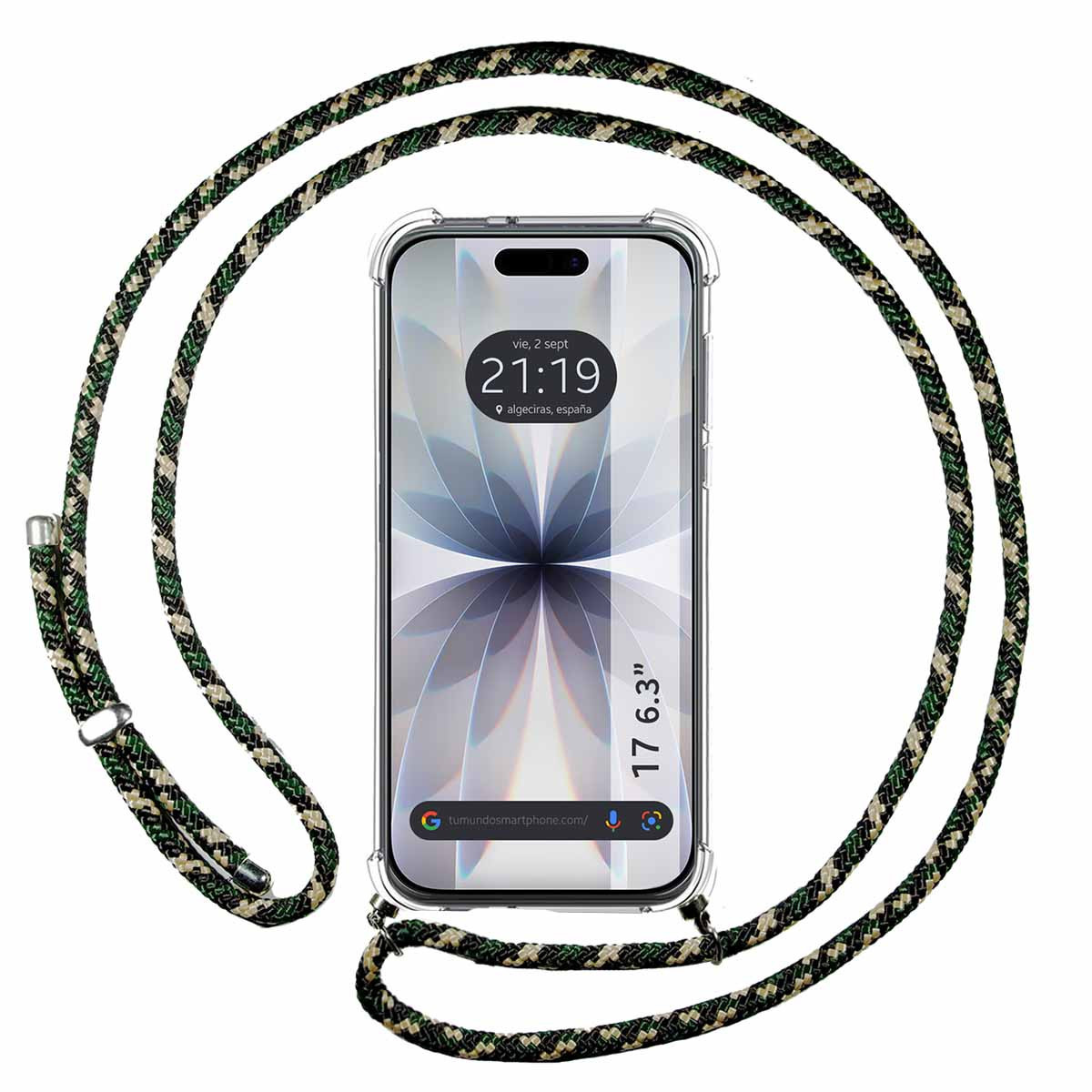 Funda Colgante Transparente para Iphone 17 (6.3) con Cordon Verde / Dorado