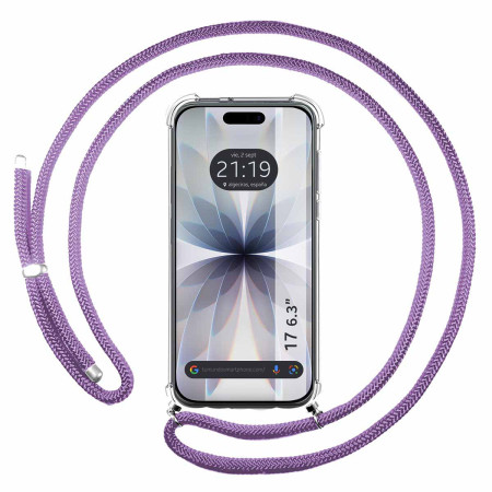 Funda Colgante Transparente para Iphone 17 (6.3) con Cordon Morado