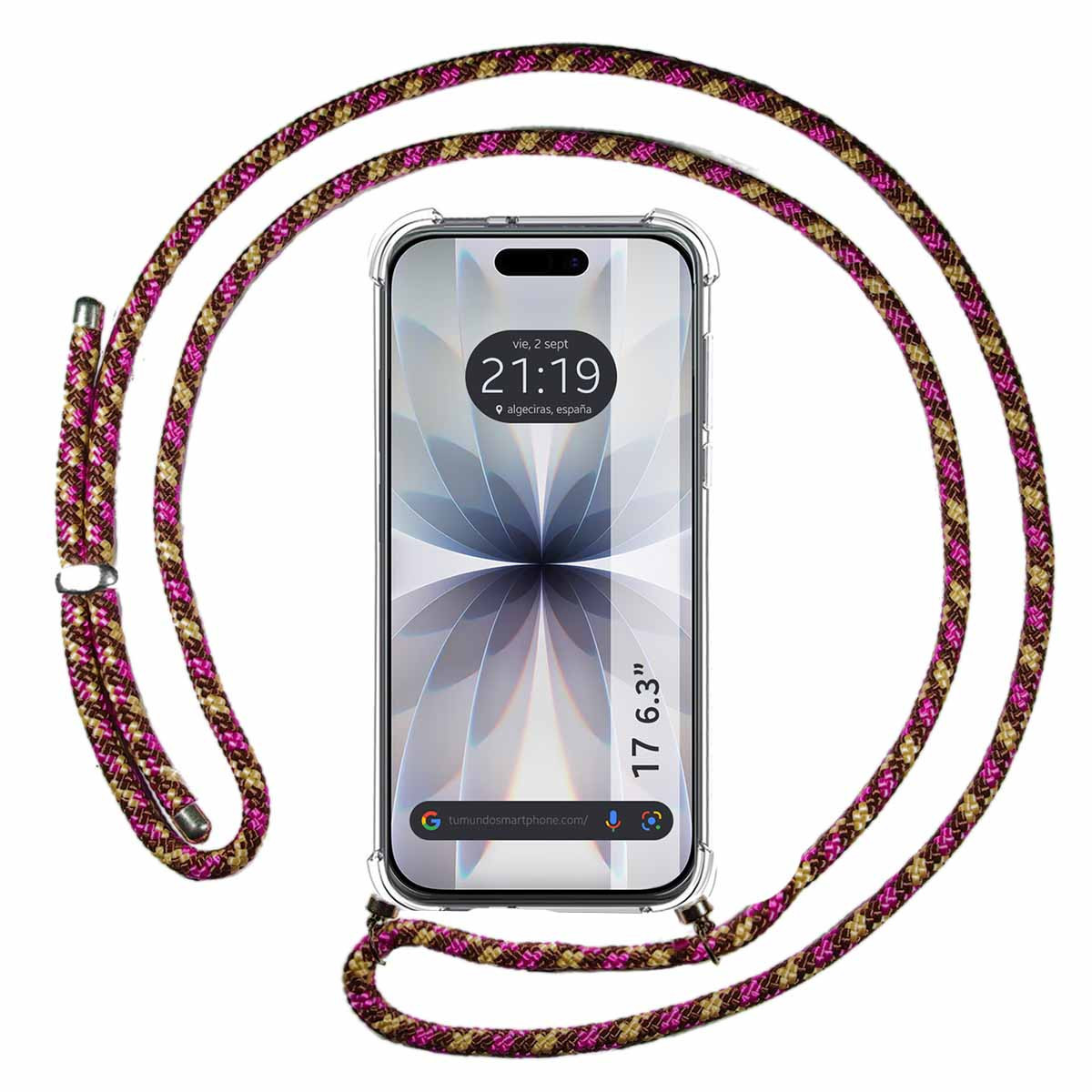 Funda Colgante Transparente para Iphone 17 (6.3) con Cordon Rosa / Dorado