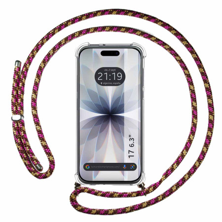 Funda Colgante Transparente para Iphone 17 (6.3) con Cordon Rosa / Dorado