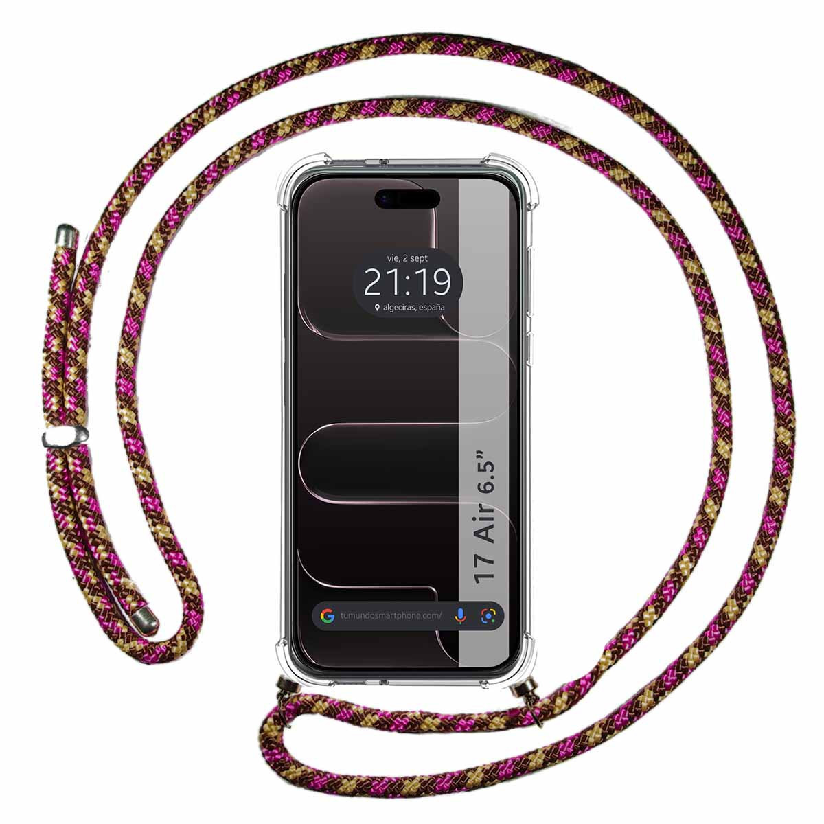 Funda Colgante Transparente para Iphone 17 Air (6.5) con Cordon Rosa / Dorado