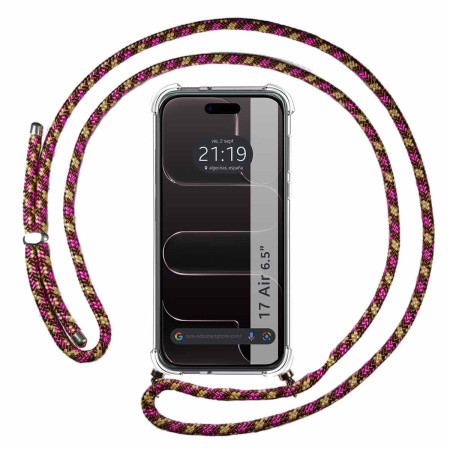 Funda Colgante Transparente para Iphone 17 Air (6.5) con Cordon Rosa / Dorado