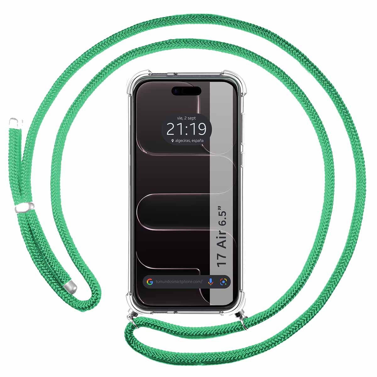 Funda Colgante Transparente para Iphone 17 Air (6.5) con Cordon Verde Agua