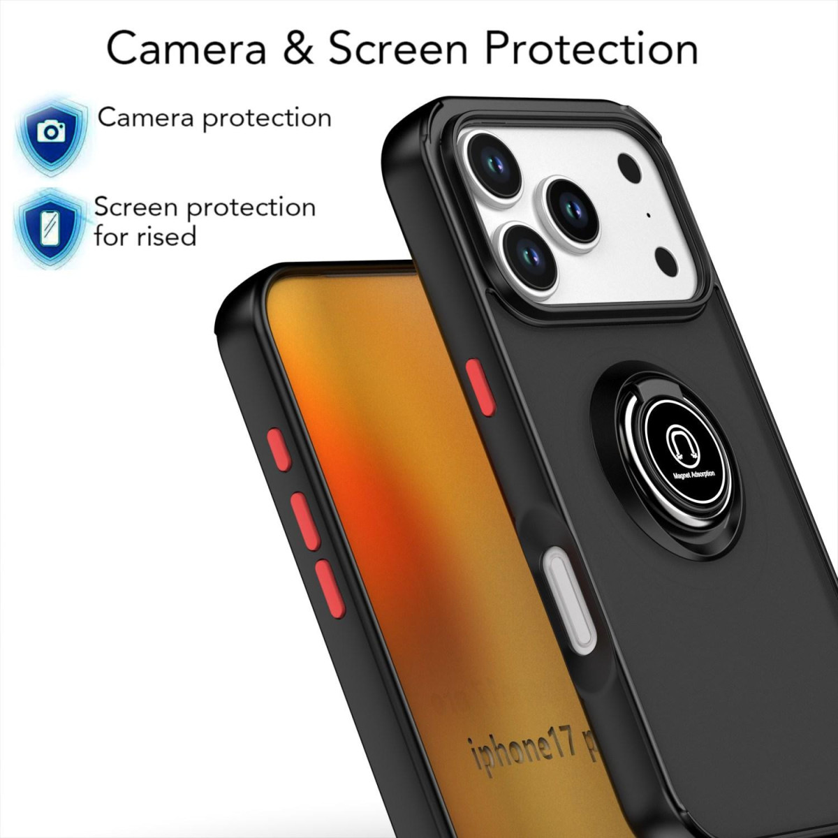 Funda Mate con Borde Negro y Anillo Giratorio 360 para Iphone 17 Pro (6.3)