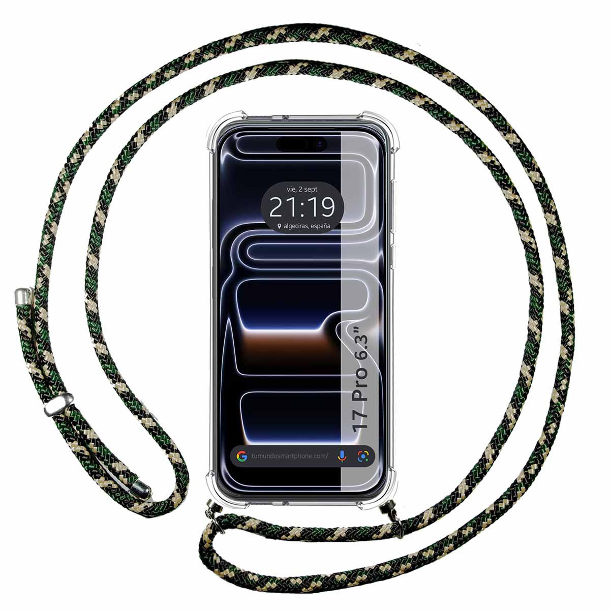 Funda Colgante Transparente para Iphone 17 Pro (6.3) con Cordon Verde / Dorado