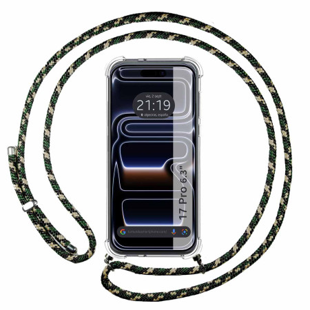 Funda Colgante Transparente para Iphone 17 Pro (6.3) con Cordon Verde / Dorado