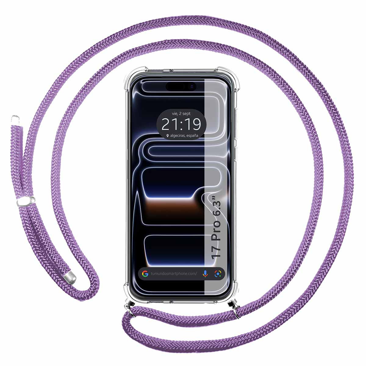 Funda Colgante Transparente para Iphone 17 Pro (6.3) con Cordon Morado