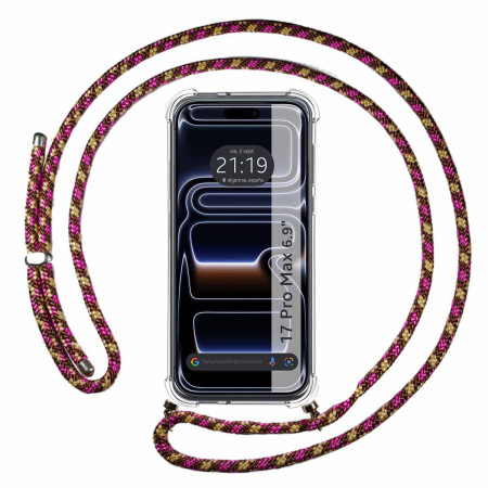 Funda Colgante Transparente para Iphone 17 Pro Max (6.9) con Cordon Rosa / Dorado