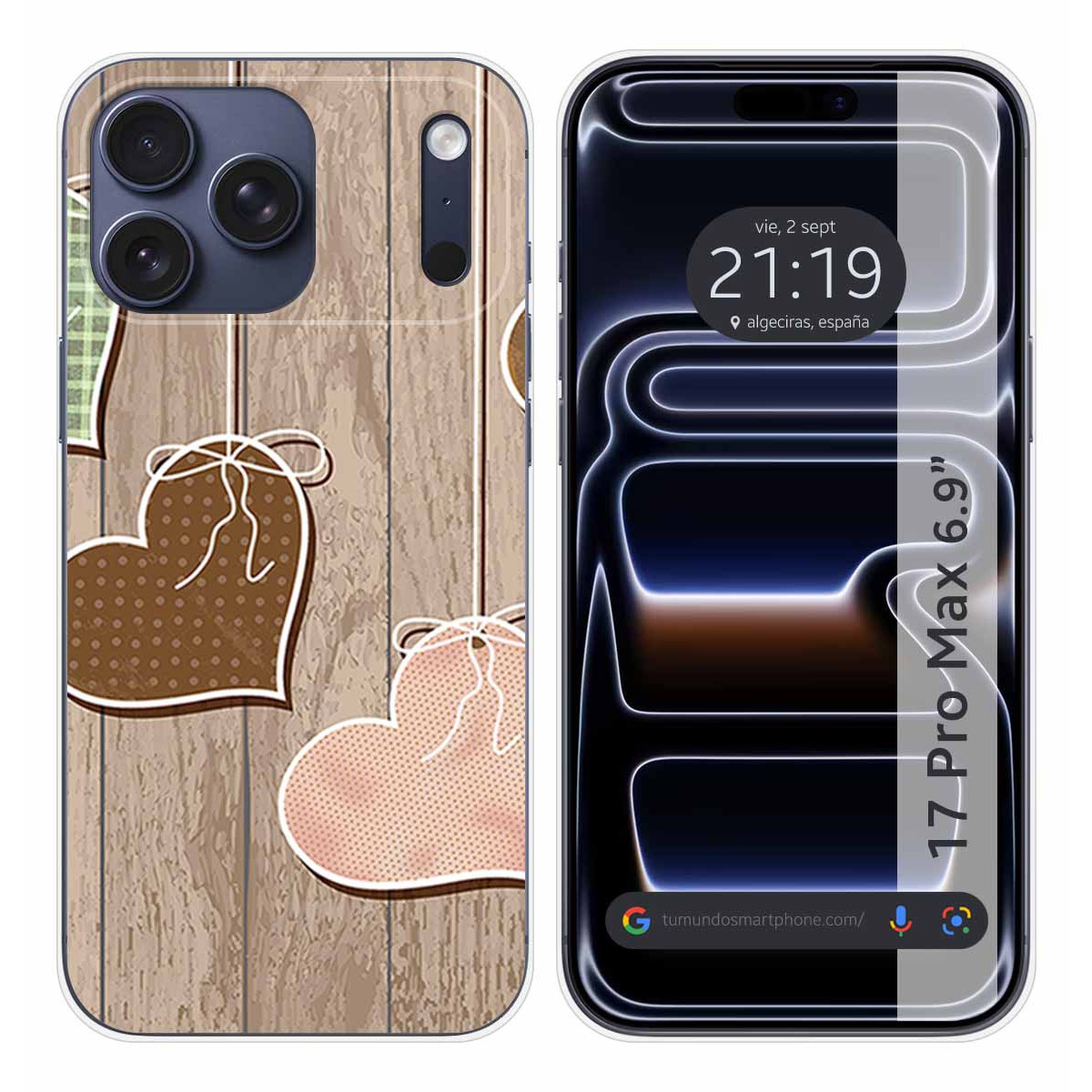Funda Silicona para Iphone 17 Pro Max (6.9) diseño Corazones Madera Dibujos