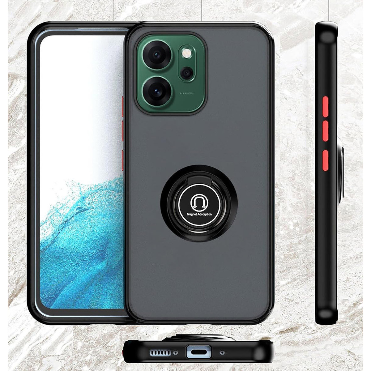 Funda Mate con Borde Negro y Anillo Giratorio 360 para Oppo Reno 14 FS / 14FS 5G