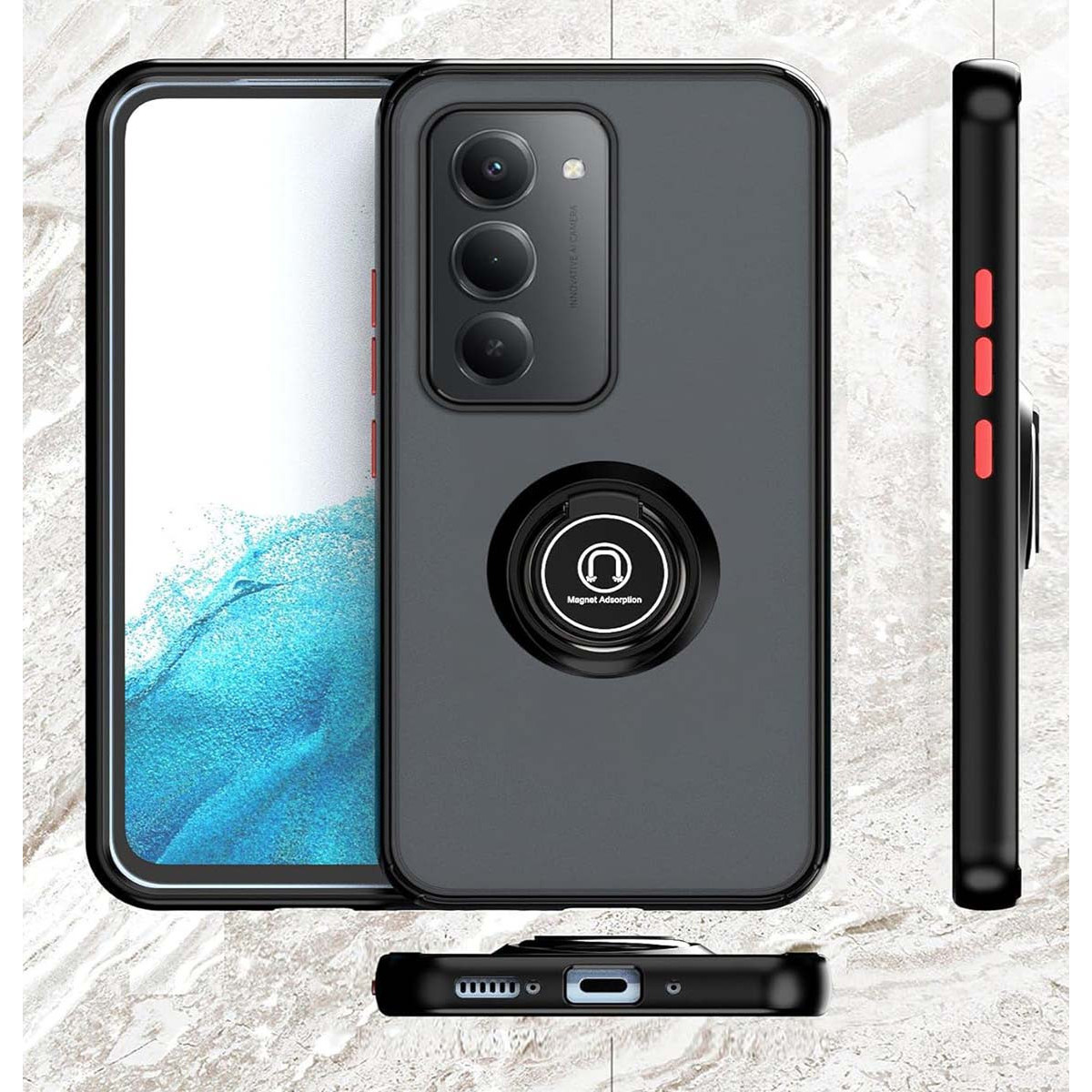 Funda Mate con Borde Negro y Anillo Giratorio 360 para Xiaomi Redmi 15 4G / 5G
