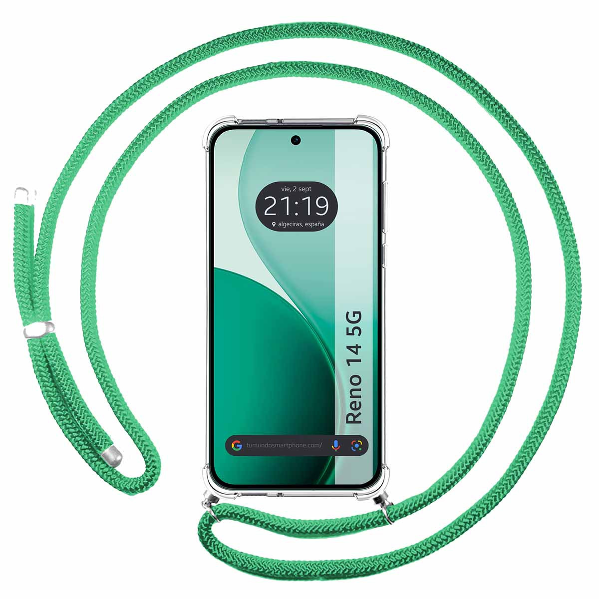 Funda Colgante Transparente para Oppo Reno 14 5G con Cordon Verde Agua