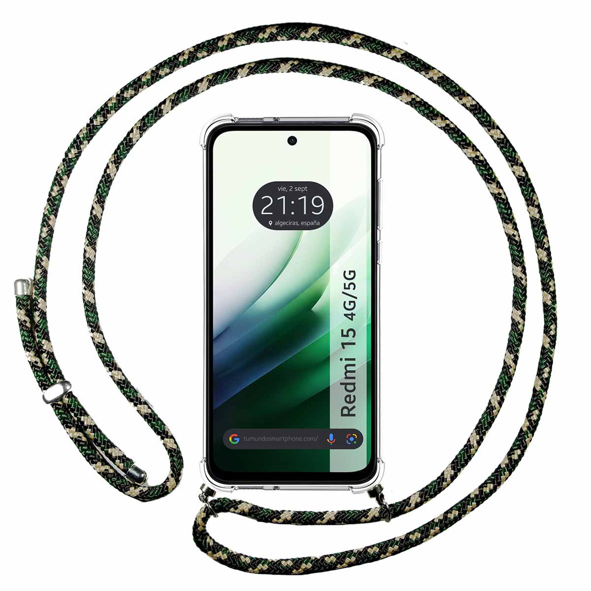 Funda Colgante Transparente para Xiaomi Redmi 15 4G / 5G con Cordon Verde / Dorado