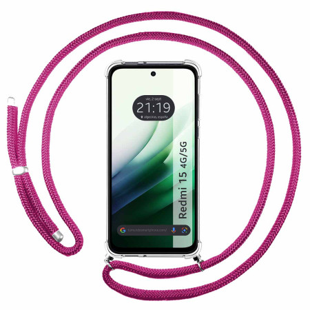 Funda Colgante Transparente para Xiaomi Redmi 15 4G / 5G con Cordon Rosa Fucsia