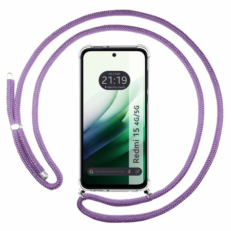Funda Colgante Transparente para Xiaomi Redmi 15 4G / 5G con Cordon Morado