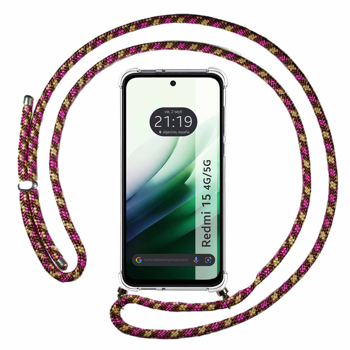 Funda Colgante Transparente para Xiaomi Redmi 15 4G / 5G con Cordon Rosa / Dorado