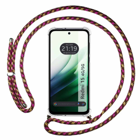 Funda Colgante Transparente para Xiaomi Redmi 15 4G / 5G con Cordon Rosa / Dorado