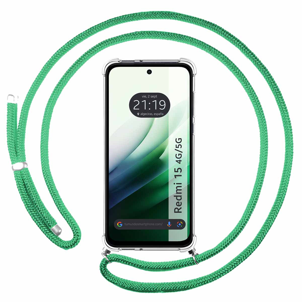 Funda Colgante Transparente para Xiaomi Redmi 15 4G / 5G con Cordon Verde Agua