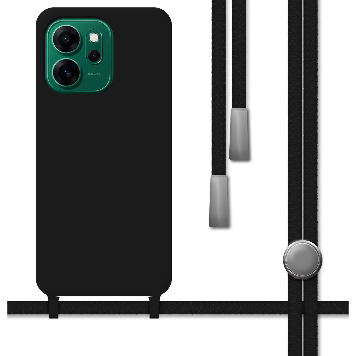 Funda Silicona Líquida con Cordón para Oppo Reno 14 FS / 14FS 5G color Negra