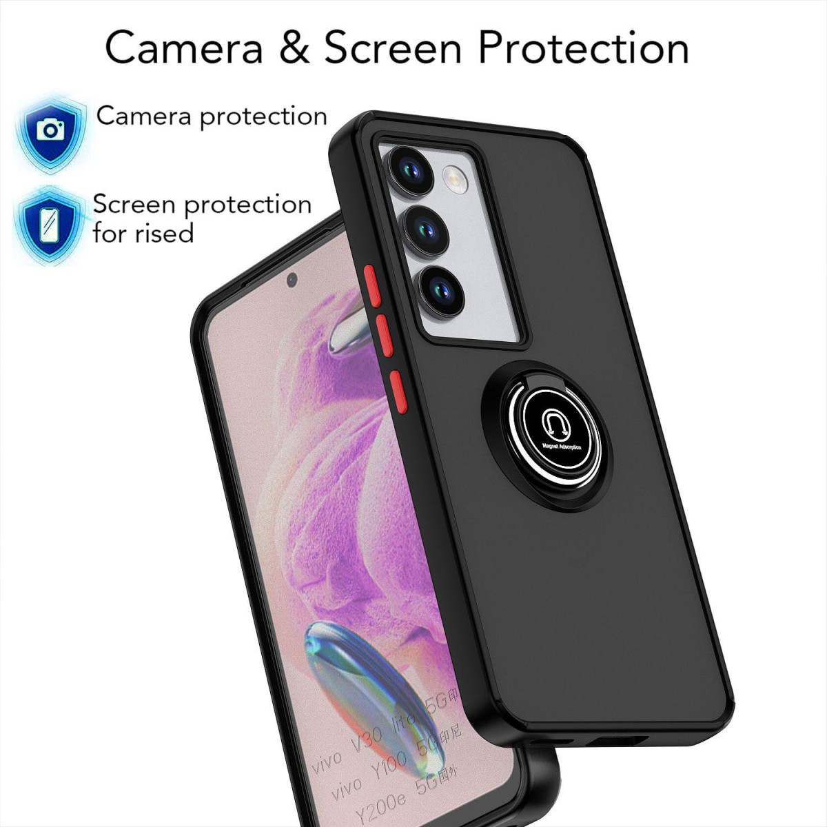 Funda Mate con Borde Negro y Anillo Giratorio 360 para Vivo Y19s