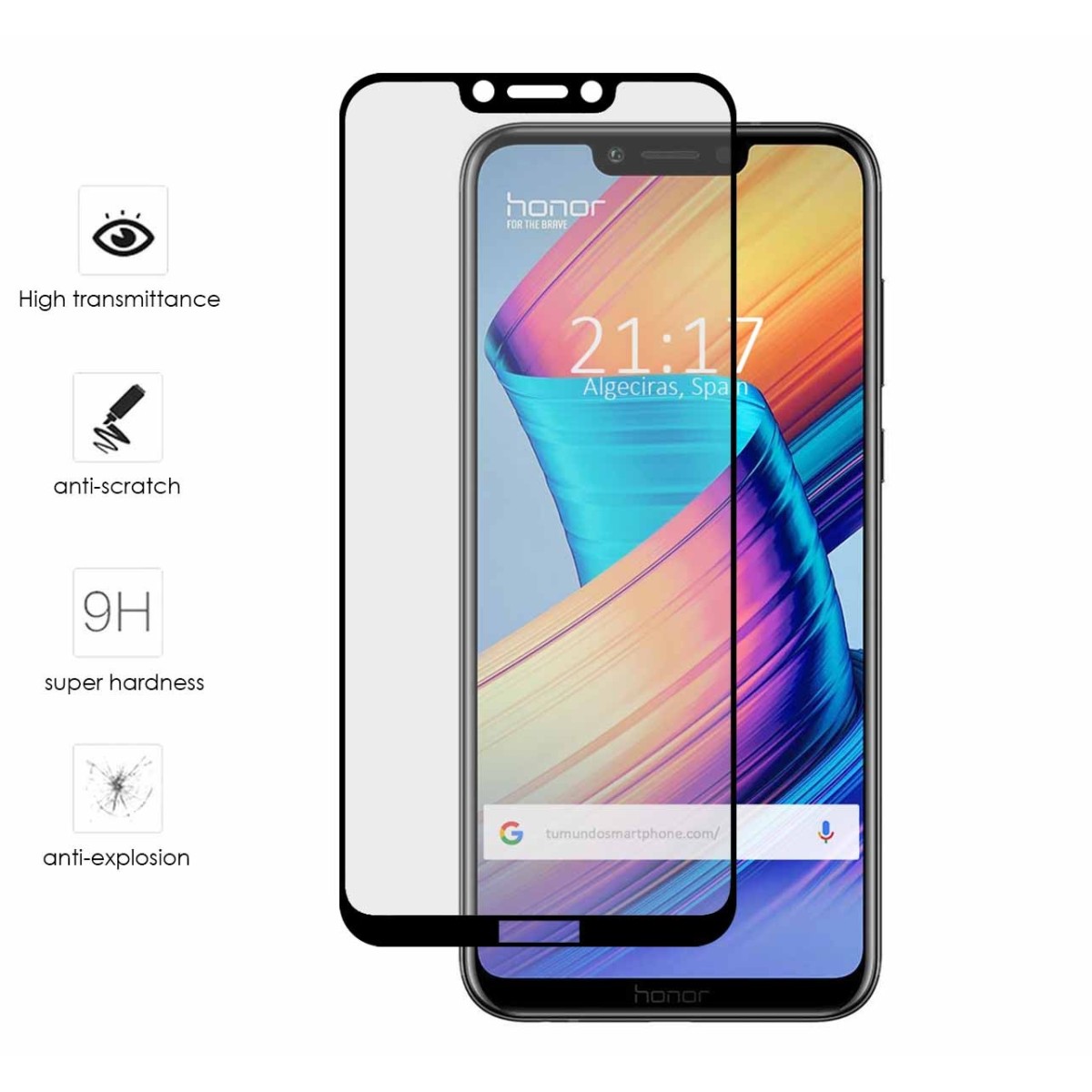 Protector Cristal Templado Frontal Completo Negro para Huawei Honor Play Vidrio
