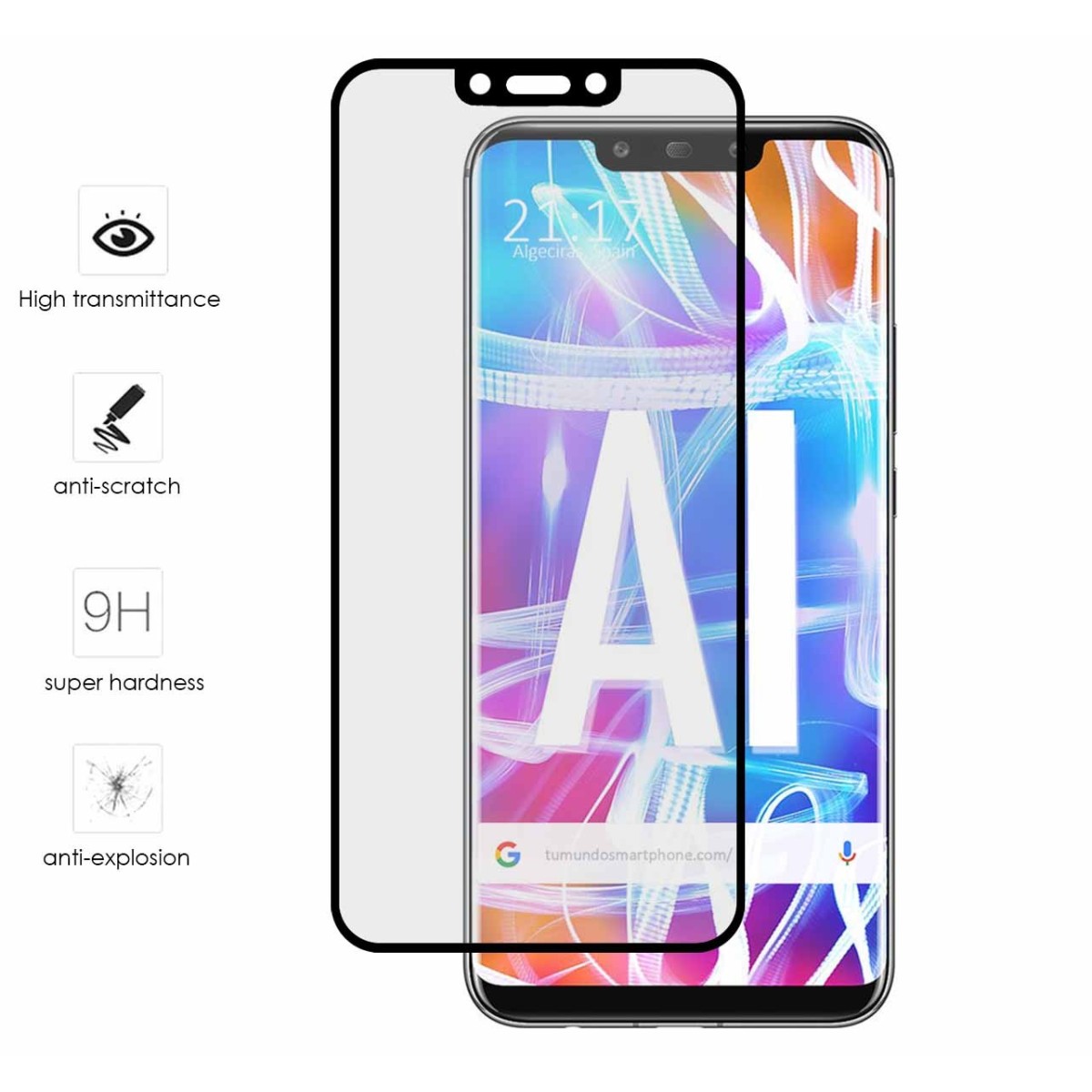 Protector Cristal Templado Frontal Completo Negro para Huawei Mate 20 Lite Vidrio