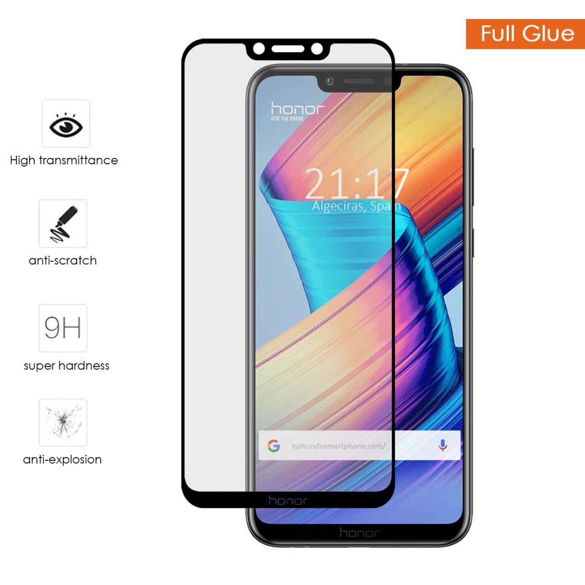 Protector Cristal Templado Completo Full Glue Negro para Huawei Honor Play Vidrio