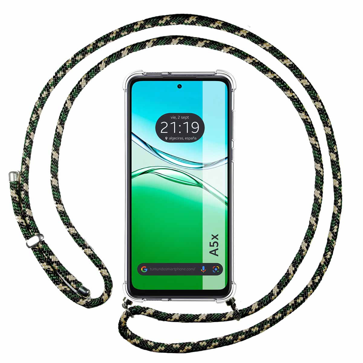 Funda Colgante Transparente para Oppo A5x con Cordon Verde / Dorado