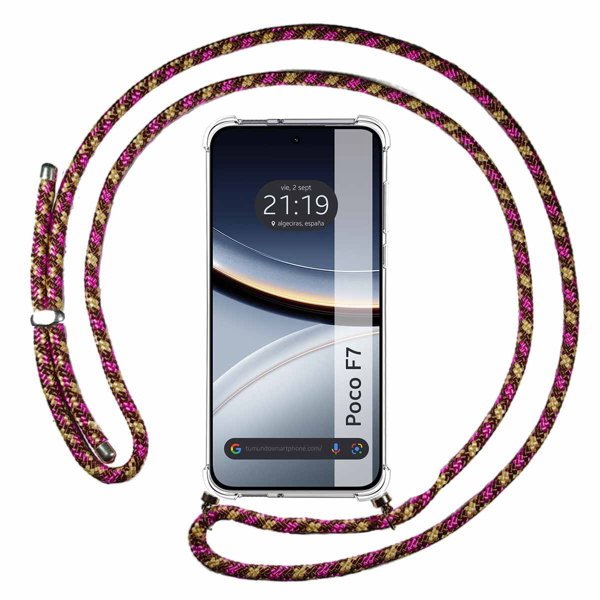 Funda Colgante Transparente para Xiaomi Poco F7 5G con Cordon Rosa / Dorado