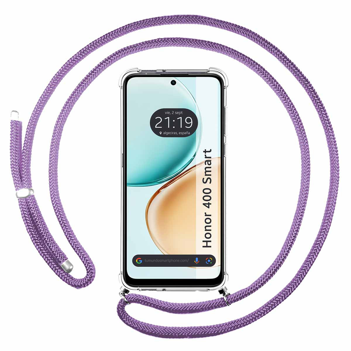 Funda Colgante Transparente para Huawei Honor 400 Smart 5G con Cordon Morado