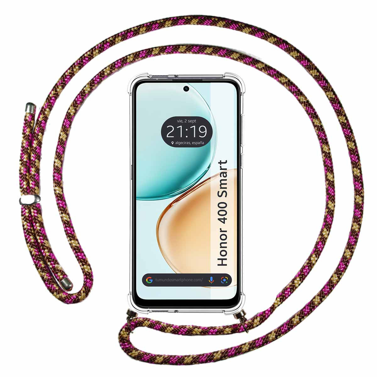 Funda Colgante Transparente para Huawei Honor 400 Smart 5G con Cordon Rosa / Dorado