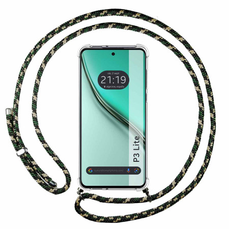Funda Colgante Transparente para Realme P3 lite con Cordon Verde / Dorado