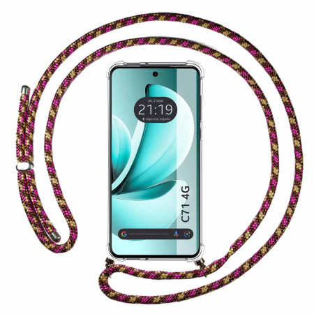 Funda Colgante Transparente para Realme C71 4G con Cordon Rosa / Dorado