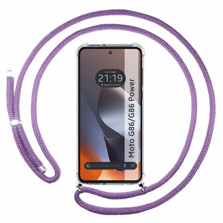 Funda Colgante Transparente para Motorola G86 / G86 Power 5G con Cordon Morado
