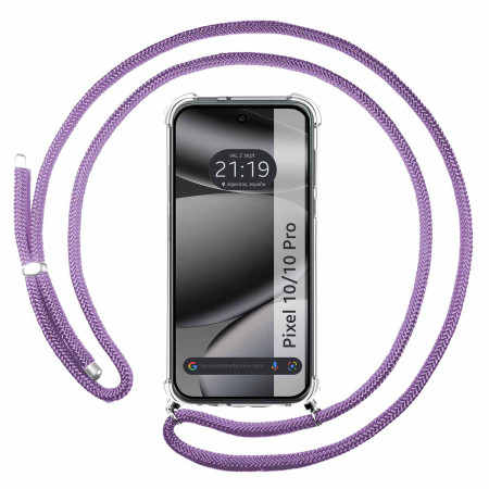 Funda Colgante Transparente para Google Pixel 10 / 10 Pro 5G con Cordon Morado