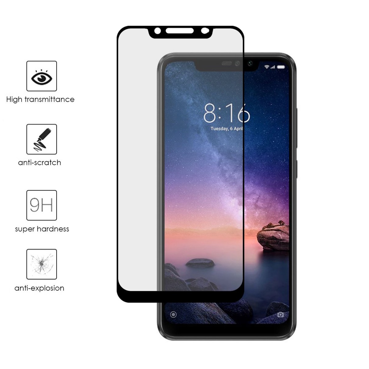 Protector Cristal Templado Frontal Completo Negro para Xiaomi Redmi Note 6 Pro Vidrio