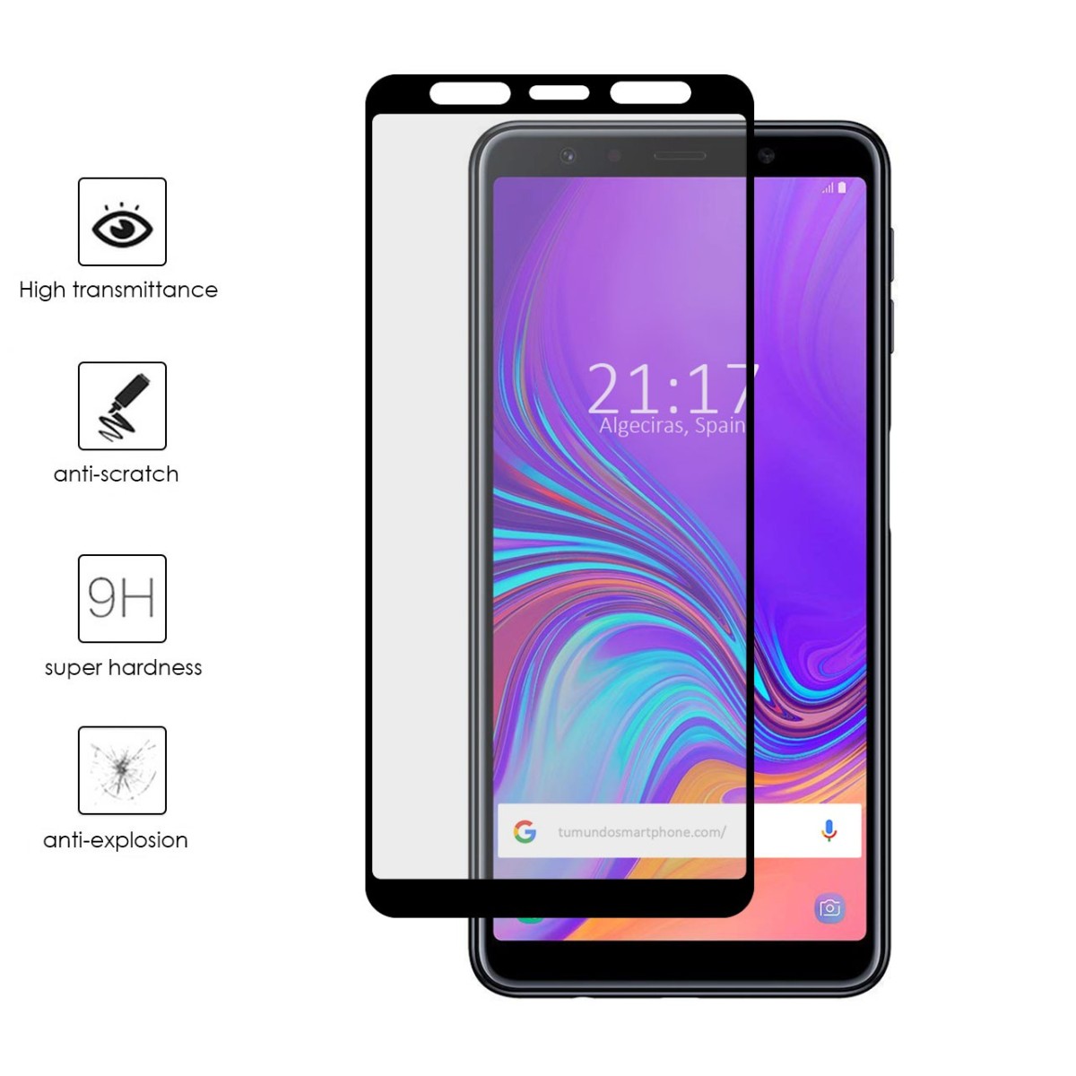 Protector Cristal Templado Frontal Completo Negro para Samsung Galaxy A7 (2018) Vidrio