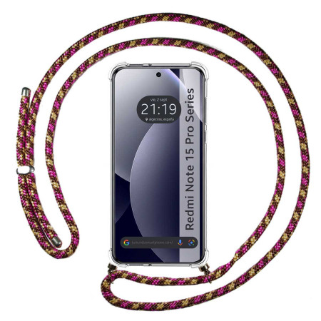 Funda Colgante Transparente para Xiaomi Redmi Note 15 Pro 5G con Cordon Rosa / Dorado