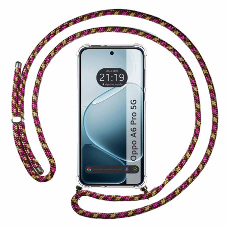 Funda Colgante Transparente para Oppo A6 Pro 5G con Cordon Rosa / Dorado