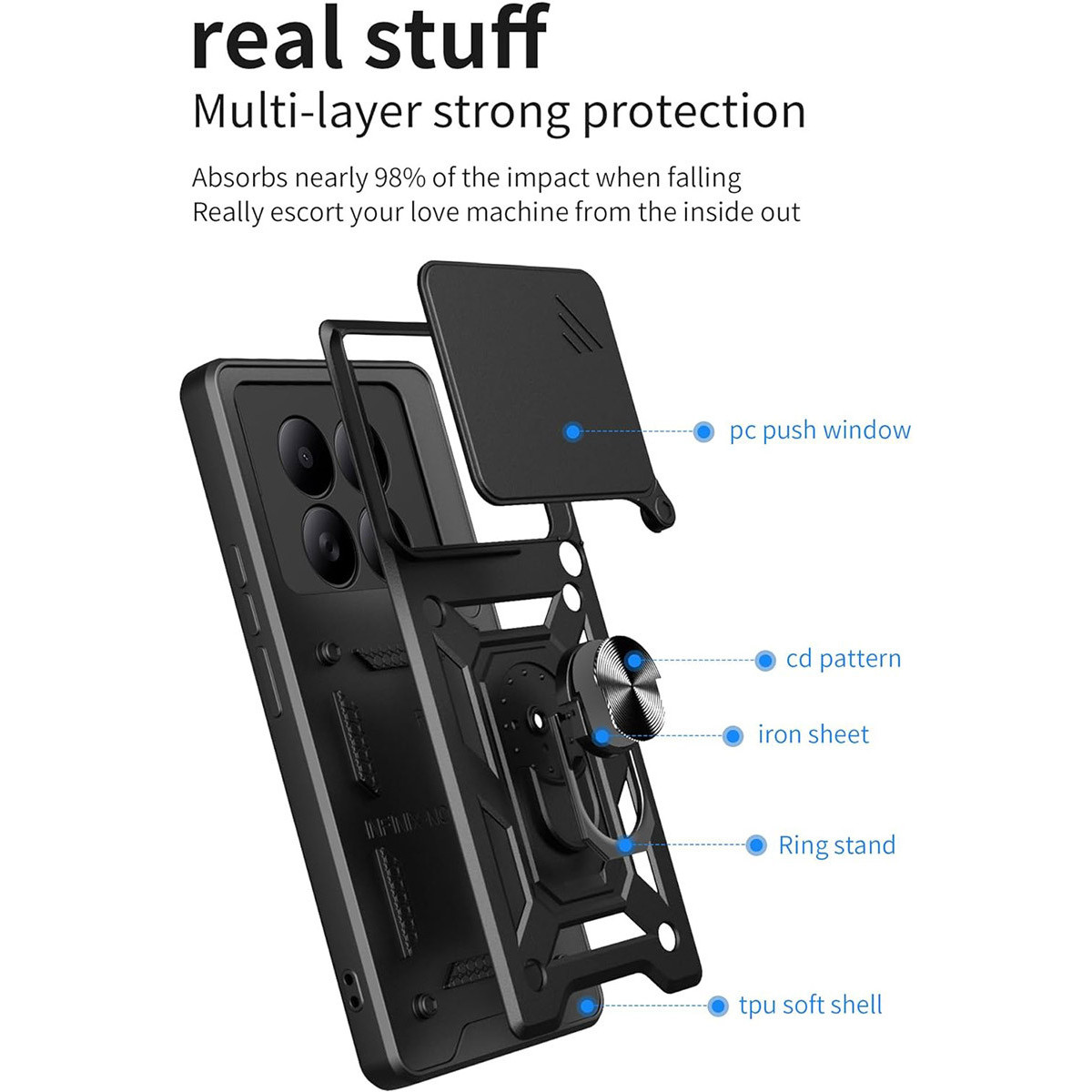 Funda Tough Armor con Anillo Giratorio Negra para Xiaomi Redmi Note 15 Pro 5G