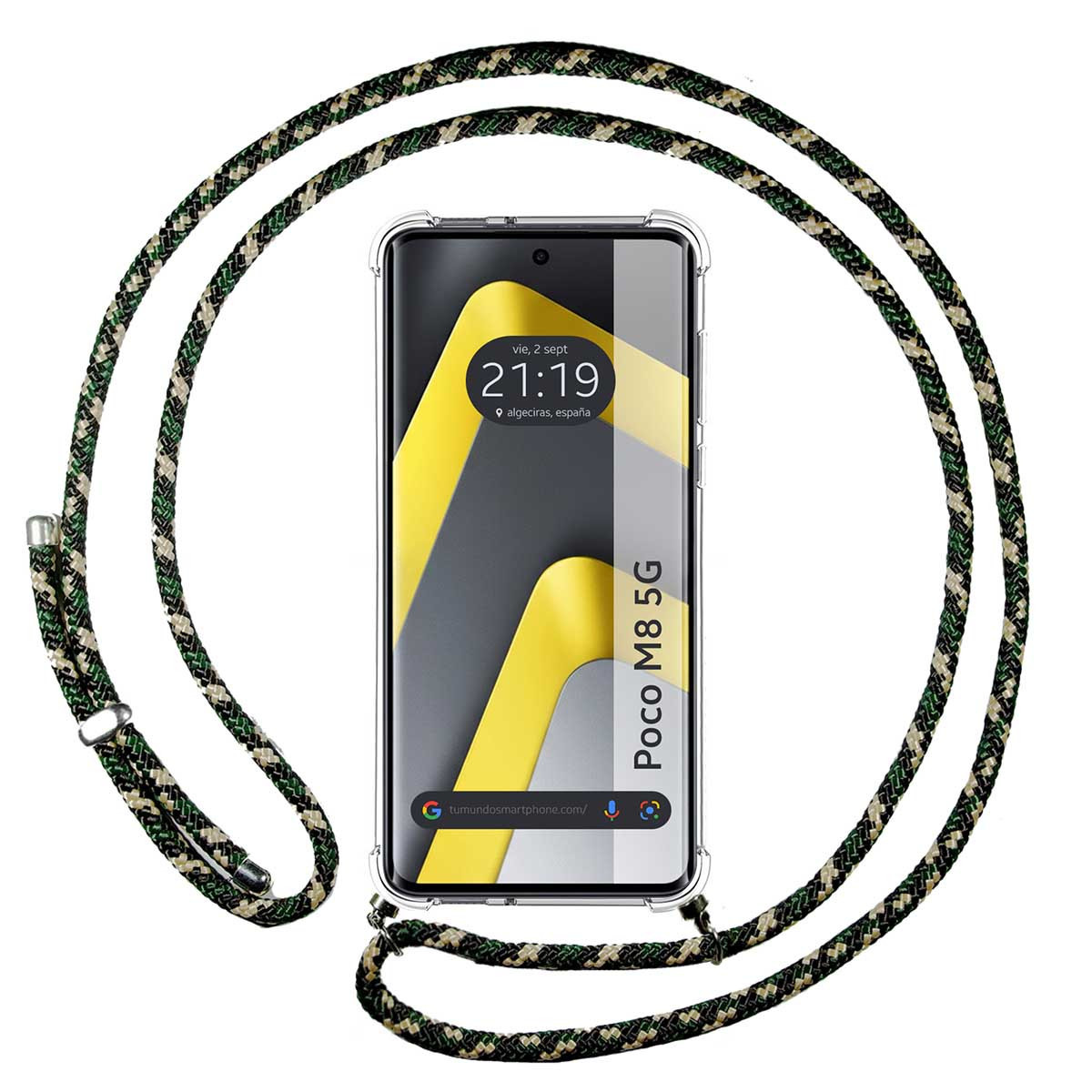 Funda Colgante Transparente para Xiaomi Poco M8 5G con Cordon Verde / Dorado