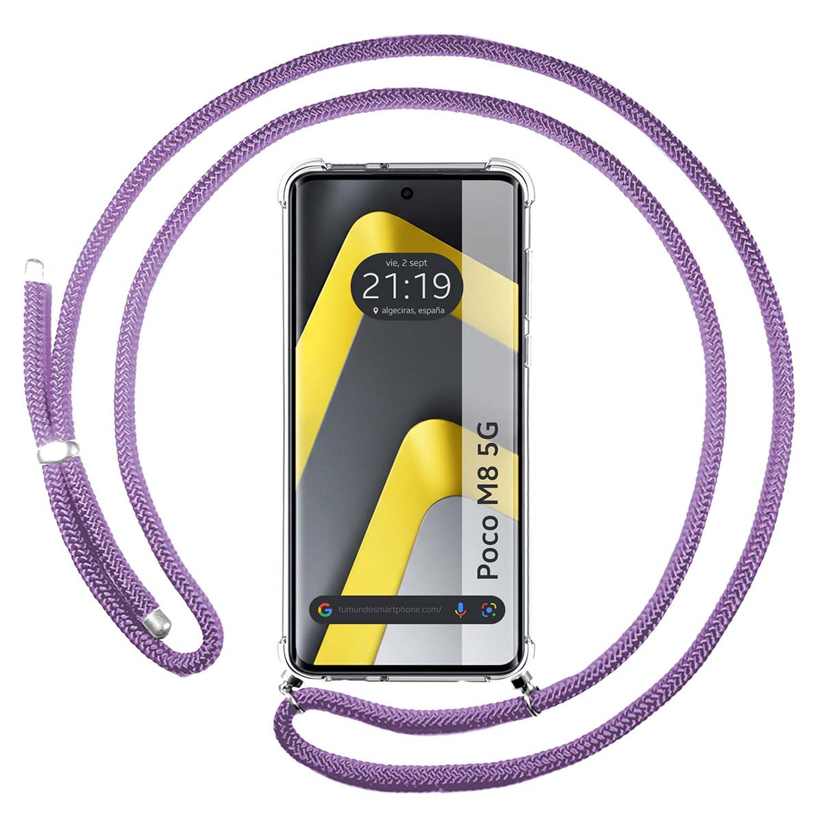 Funda Colgante Transparente para Xiaomi Poco M8 5G con Cordon Morado