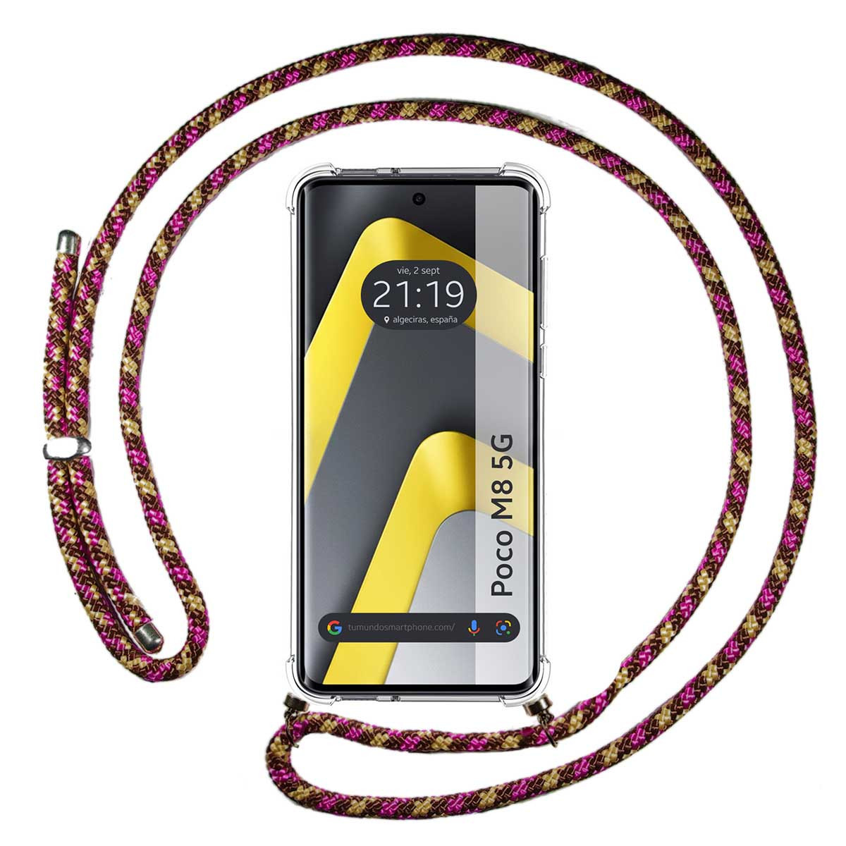 Funda Colgante Transparente para Xiaomi Poco M8 5G con Cordon Rosa / Dorado