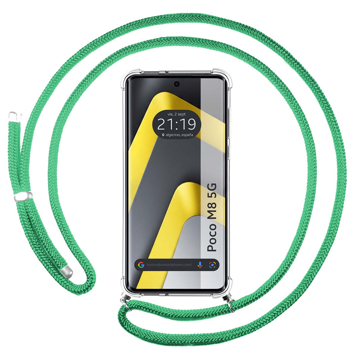 Funda Colgante Transparente para Xiaomi Poco M8 5G con Cordon Verde Agua