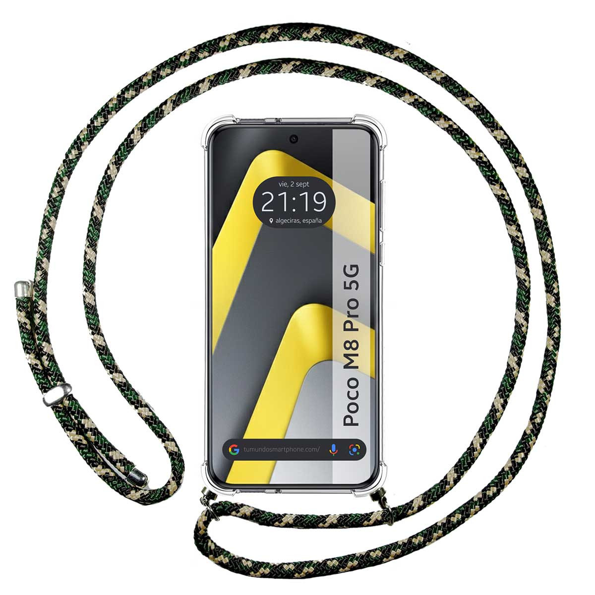 Funda Colgante Transparente para Xiaomi Poco M8 Pro 5G con Cordon Verde / Dorado