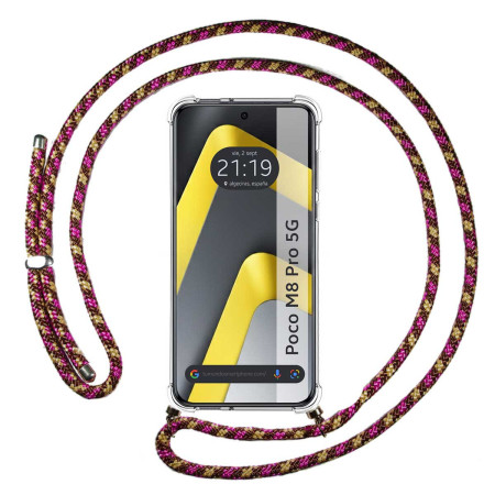 Funda Colgante Transparente para Xiaomi Poco M8 Pro 5G con Cordon Rosa / Dorado