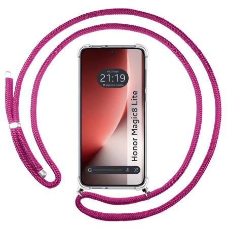 Funda Colgante Transparente para Huawei Honor Magic 8 Lite 5G con Cordon Rosa Fucsia