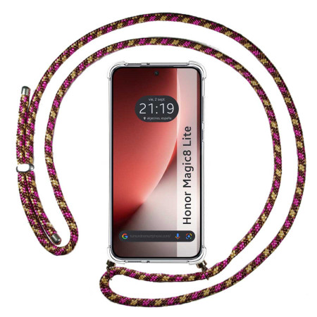 Funda Colgante Transparente para Huawei Honor Magic 8 Lite 5G con Cordon Rosa / Dorado