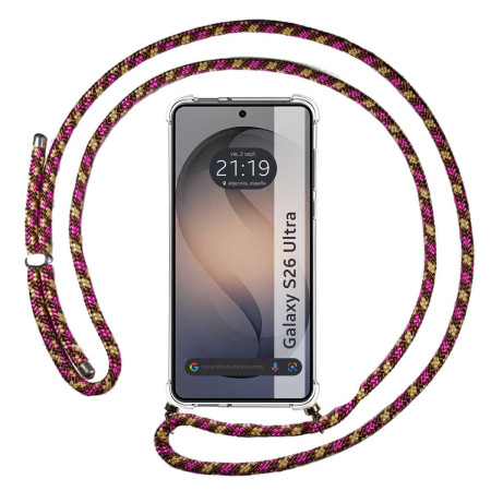 Funda Colgante Transparente para Samsung Galaxy S26 Ultra 5G con Cordon Rosa / Dorado