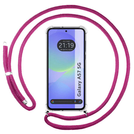Funda Colgante Transparente para Samsung Galaxy A57 5G con Cordon Rosa Fucsia